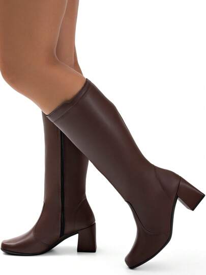 Bota Feminina Cano Longo Salto Grosso Marrom