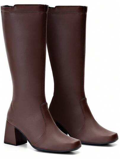 Bota Feminina Cano Longo Salto Grosso Marrom